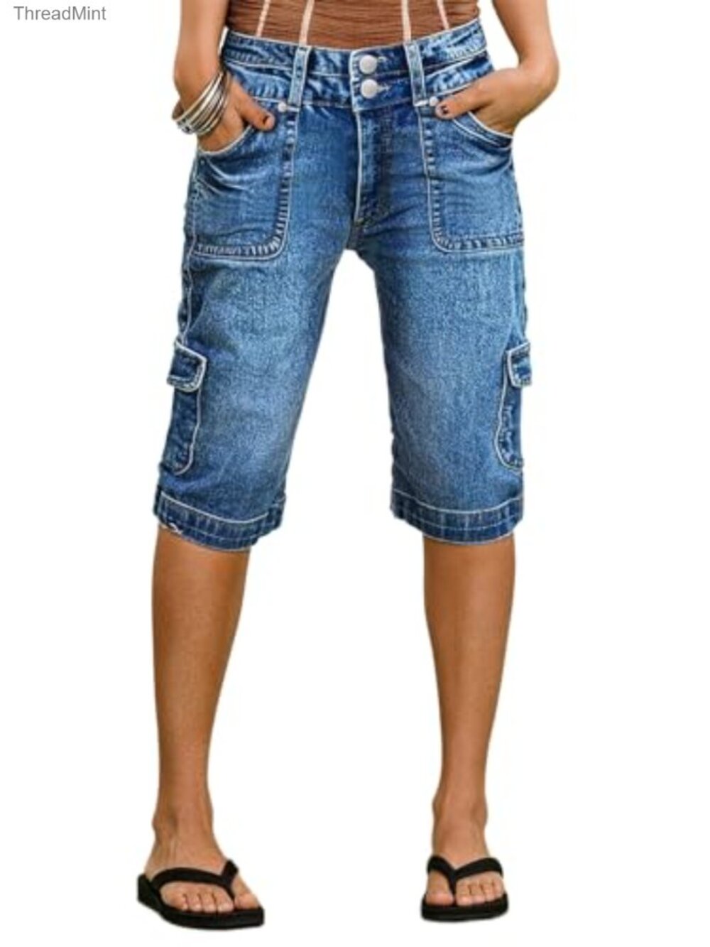 High Waist Denim Bermuda Dual Button Knee Shorts for Women Cotton Spandex